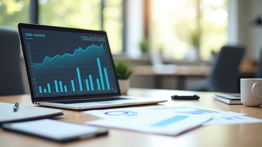 Moderne Büroumgebung mit Datenvisualisierungen und Analysewerkzeugen auf dem Schreibtisch